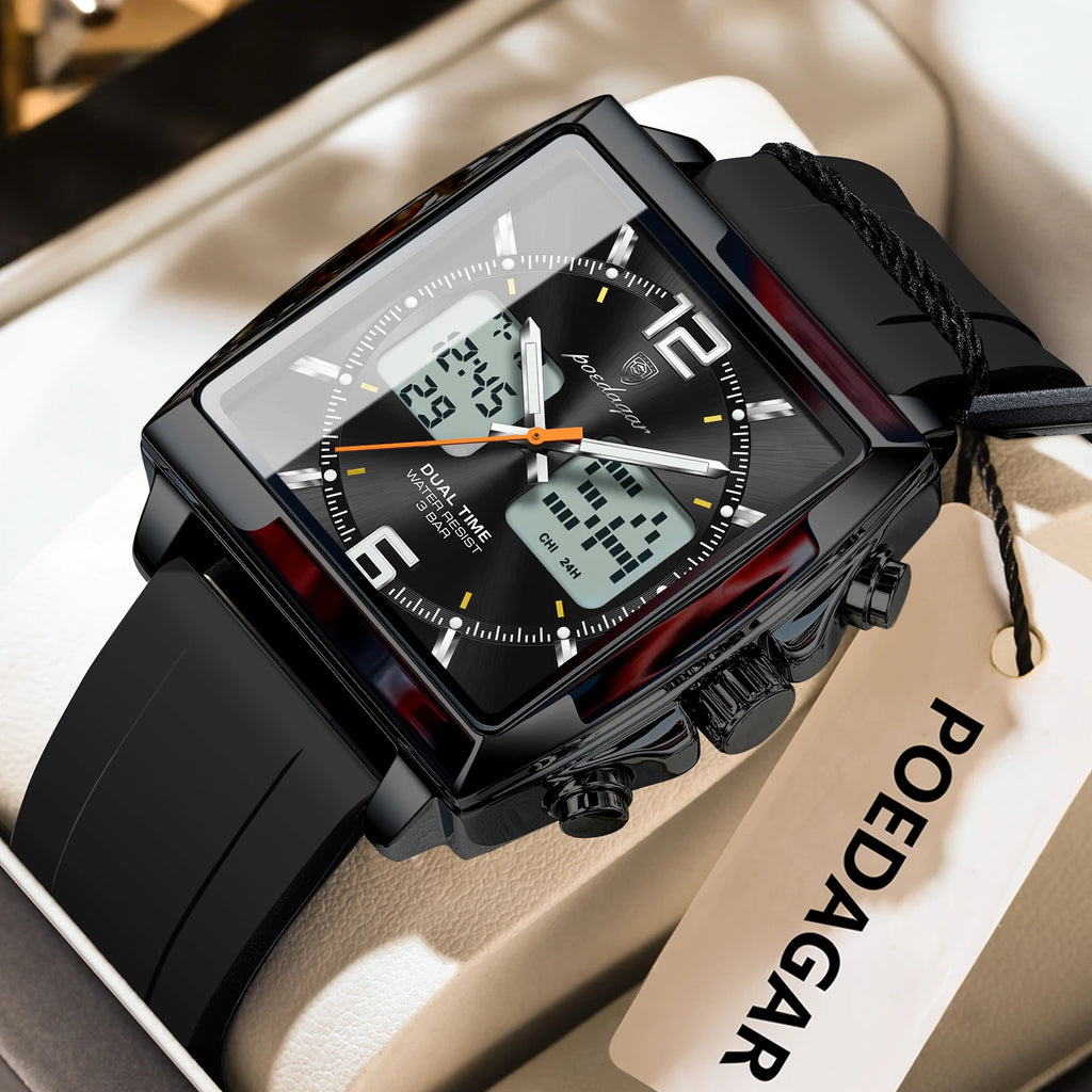 POEDAGAR Luxury Top Man Watch Electronic Square LED Alarm Chronograph Men's Watches Week Date Dual Time Display Men Quartz Clock